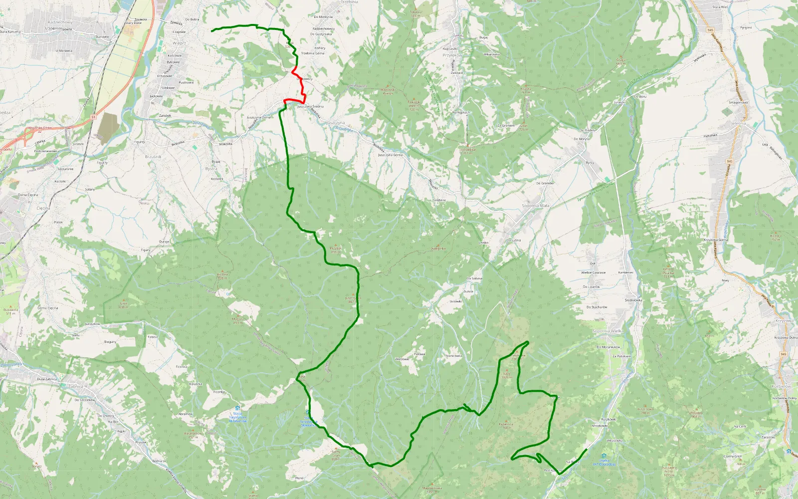 Map of Wieprz - Górska Stacja Turystyczna Słowianka - Sopotnia Wielka - 30.5 km offroad trail, Żywiec County