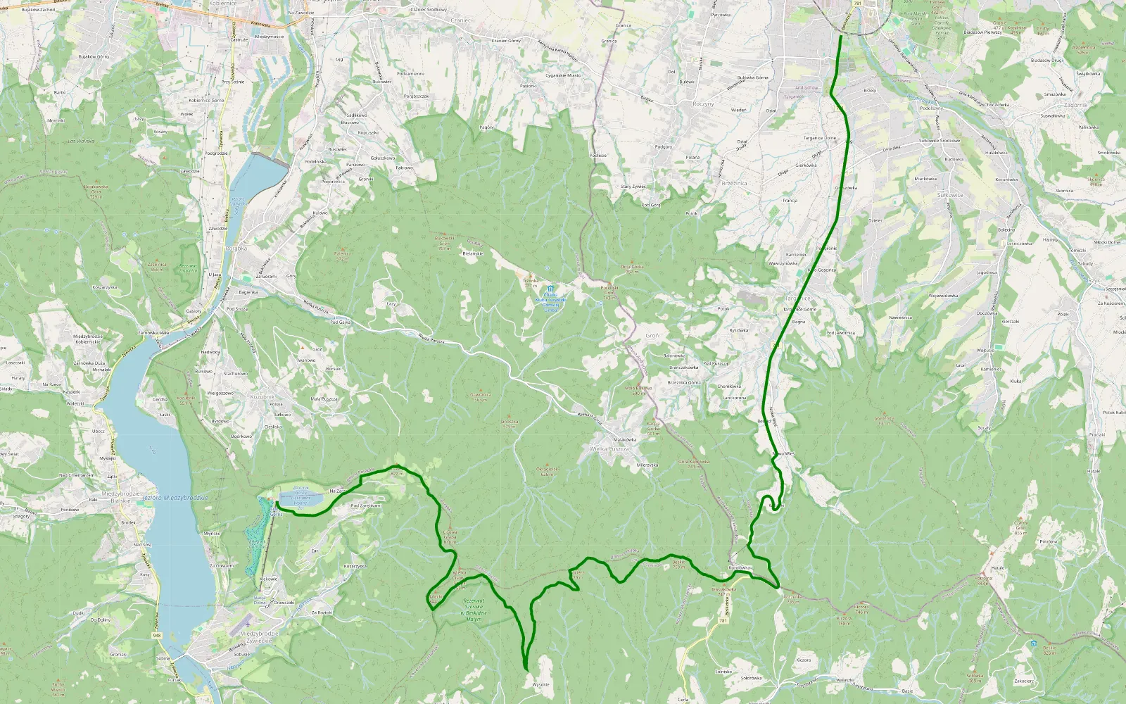 Mapa trasy Kozubnik - Kiczera - Przełęcz Przysłop Cisowy - Kocierz - Andrychów - 11 km trasy offroad, Powiat Żywiecki
