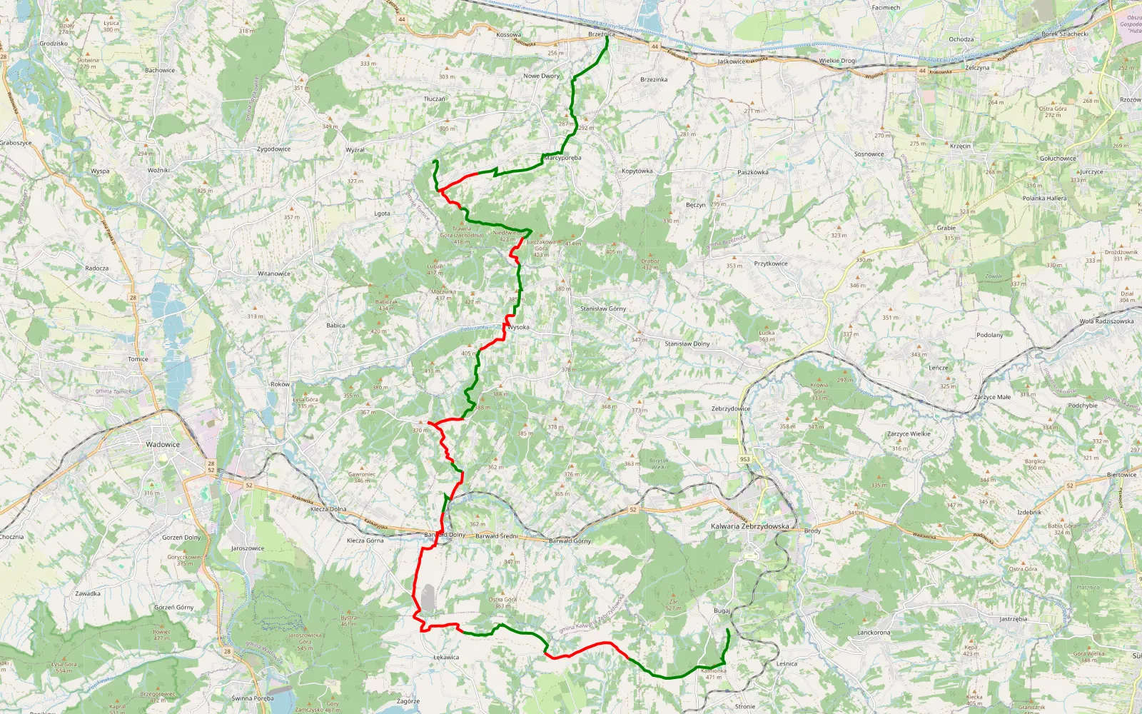 Mapa trasy STRYSZÓW - BRZEŹNICA - 29.3 km trasy offroad, Powiat Wadowicki