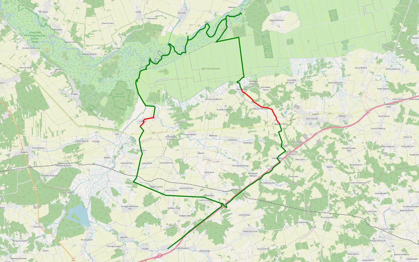 Mapa trasy Wiśniewo - Dąb - 32.9 km trasy offroad, Powiat Łomżyński