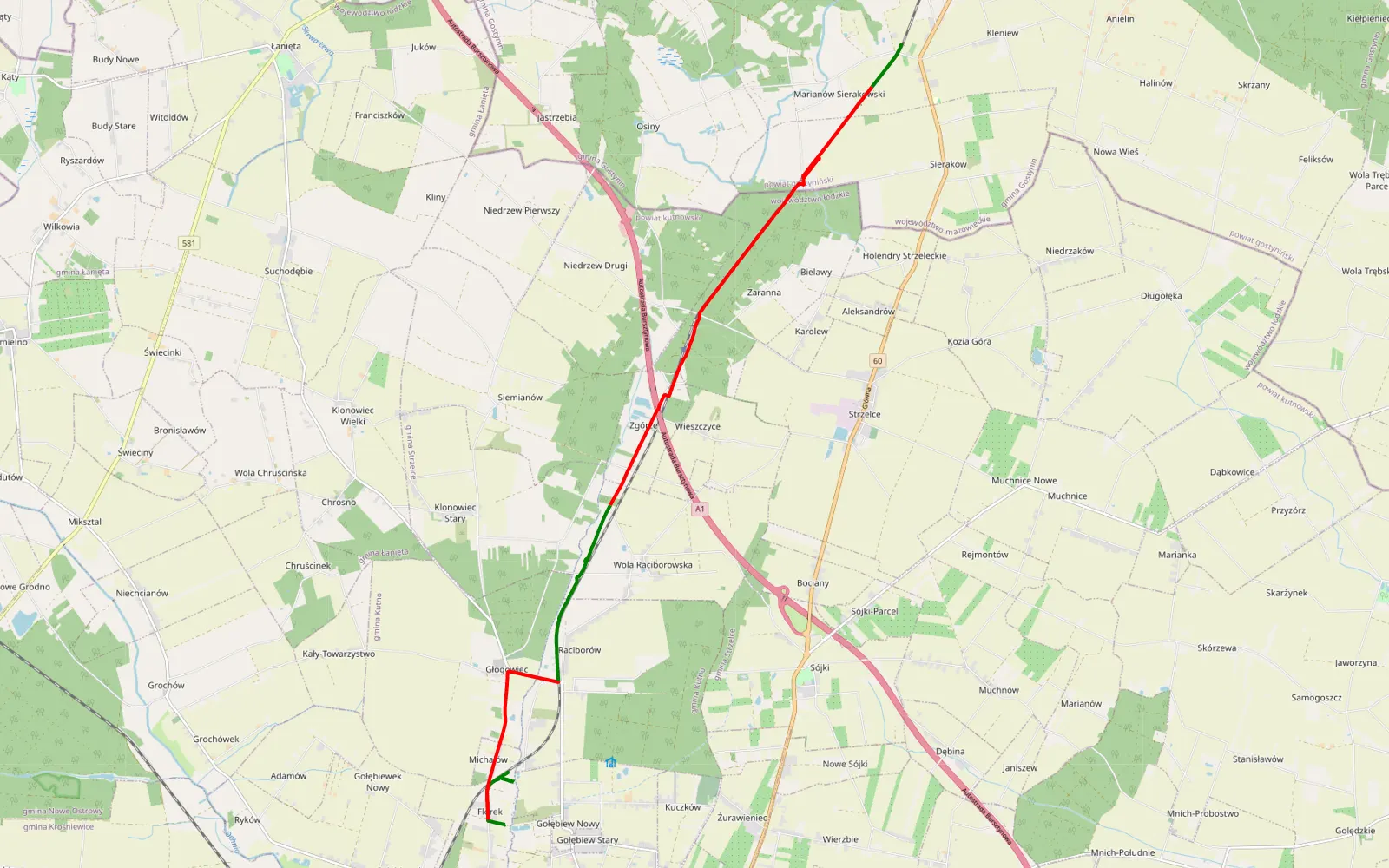 Mapa trasy Michałow - Sierakówek - 16.8 km trasy offroad, Powiat Kutnowski