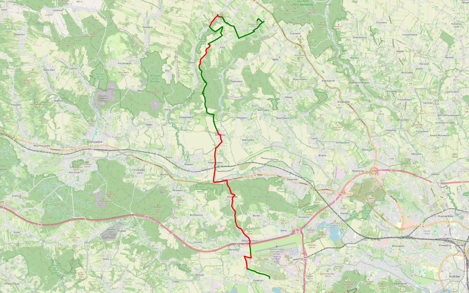 Mapa trasy Budzyń - Źródło Pióro - Lepianka - 24.2 km trasy offroad, Powiat Krakowski