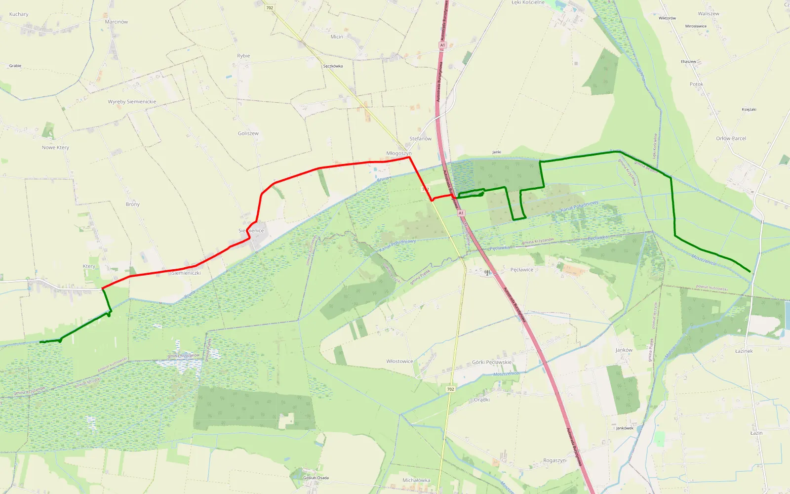 Mapa trasy Orłów - Ktery - 16.2 km trasy offroad, Powiat Kutnowski