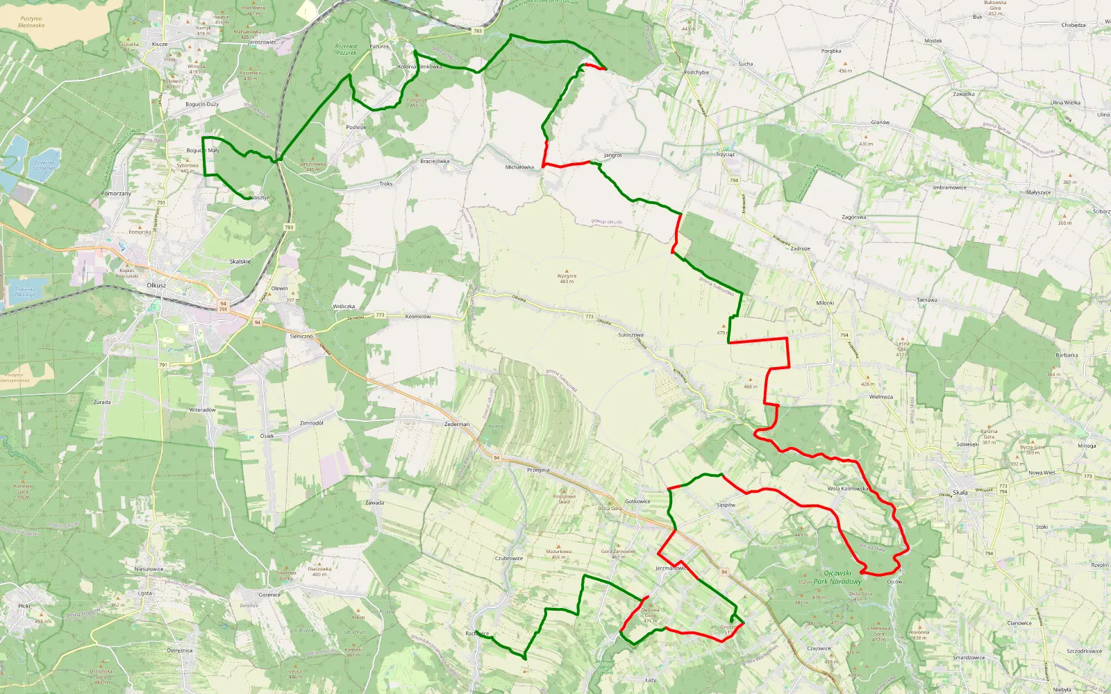 Mapa trasy Rabsztyn - Źródło Pióro - Racławice - 57 km trasy offroad, Powiat Krakowski