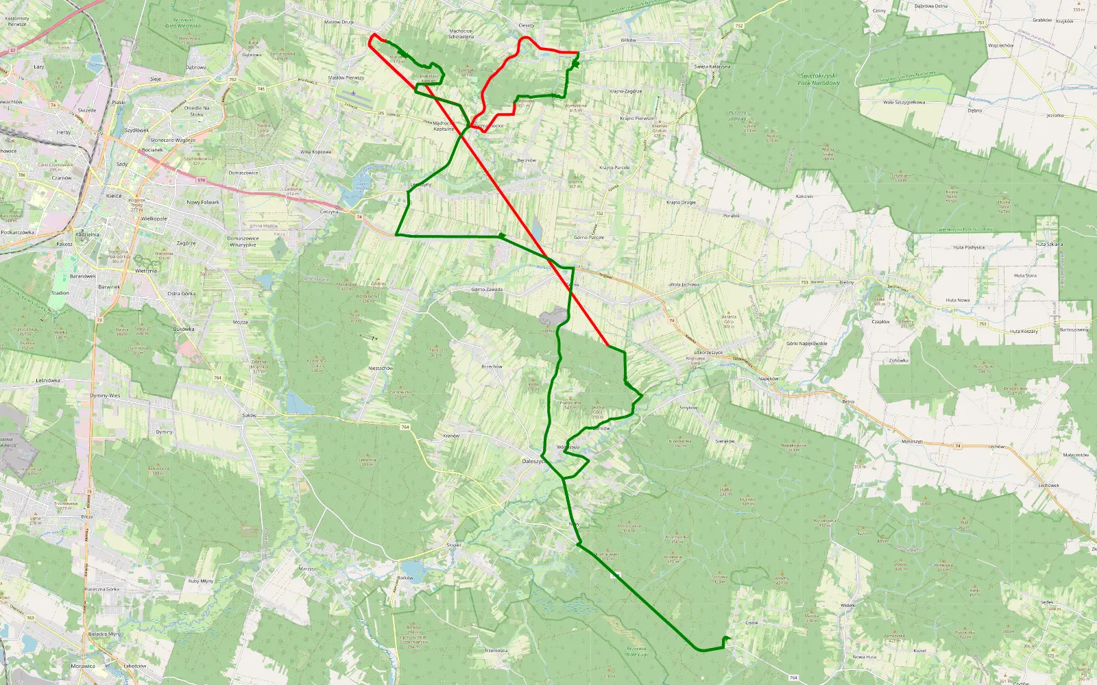 Mapa trasy Góry świętokrzyskie z KJ - 40.6 km trasy offroad, Powiat Kielecki