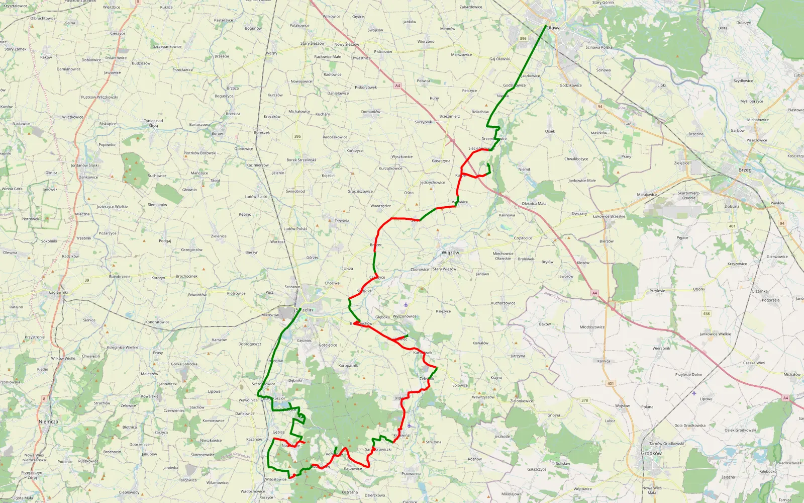 Map of Strzelin - Oława - 63.6 km offroad trail, Strzelin County