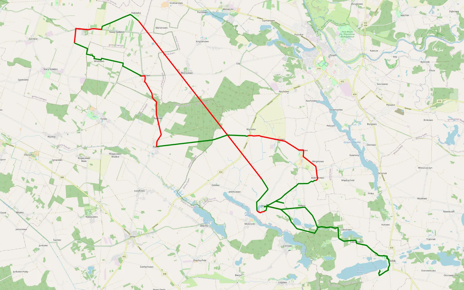 Map of Dolsk LC zlot - 46.8 km offroad trail, Śrem County