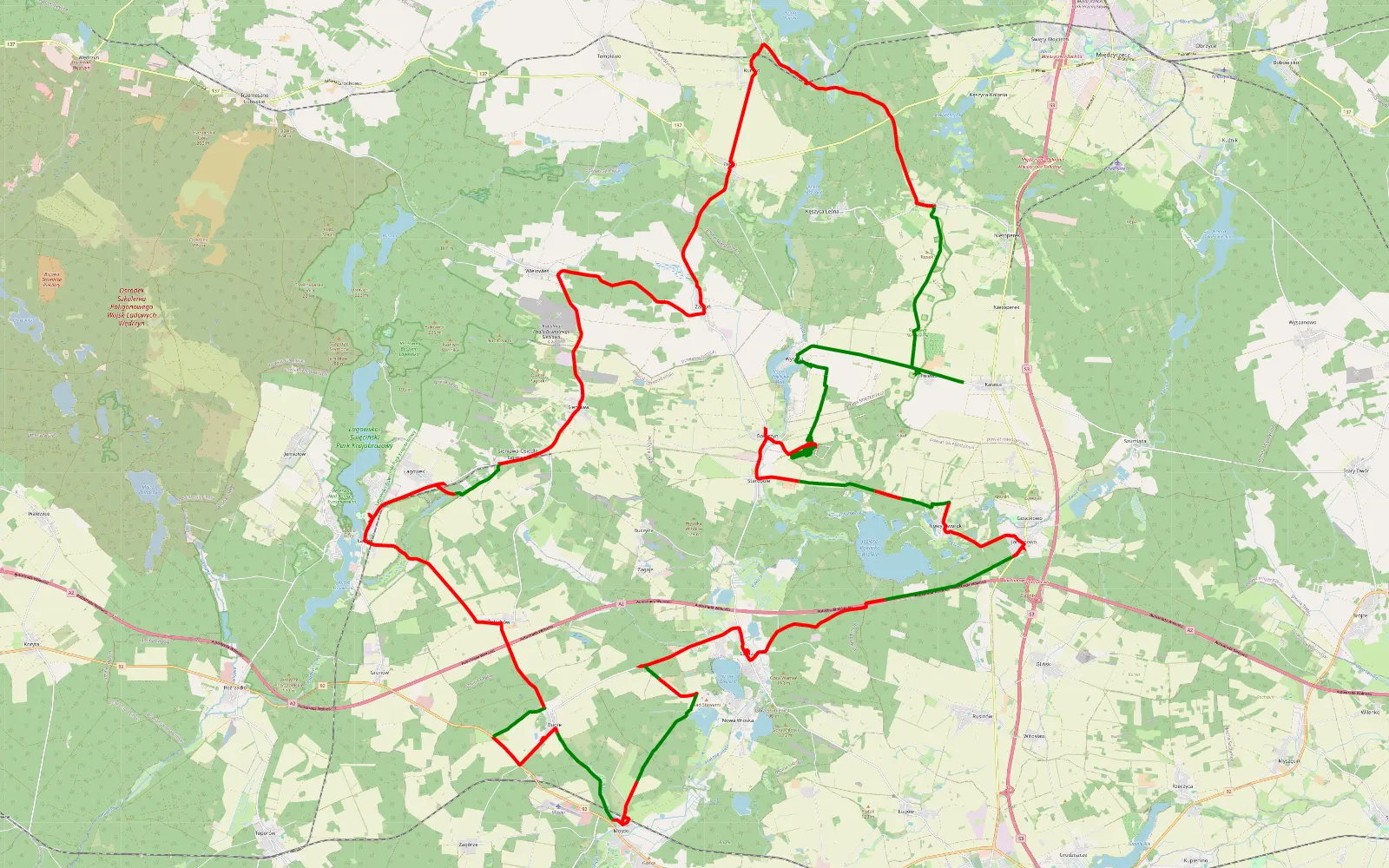 Mapa trasy Zacisze - Kaława - 85.5 km trasy offroad, Powiat Świebodziński