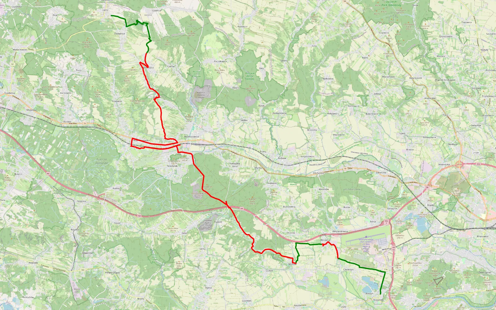 Mapa trasy Luźny trial nad Krakowem - 44.1 km trasy offroad, Powiat Krakowski