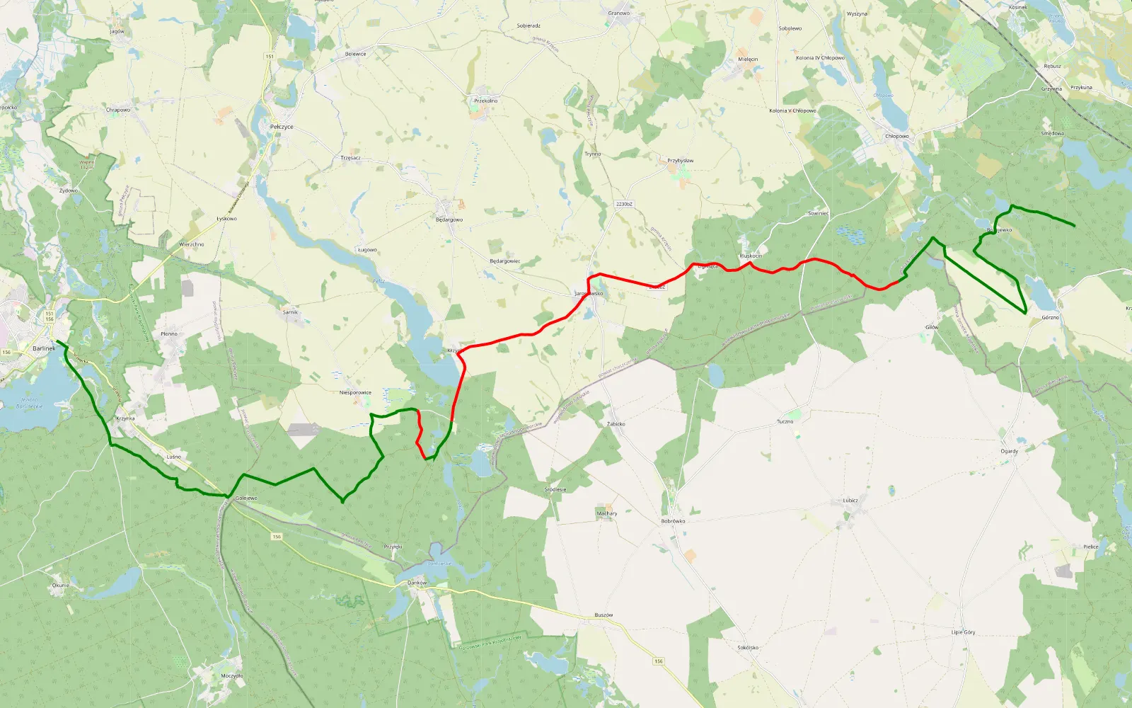 Mapa trasy Bożejewko - Barlinek - 39 km trasy offroad, Powiat Choszczeński
