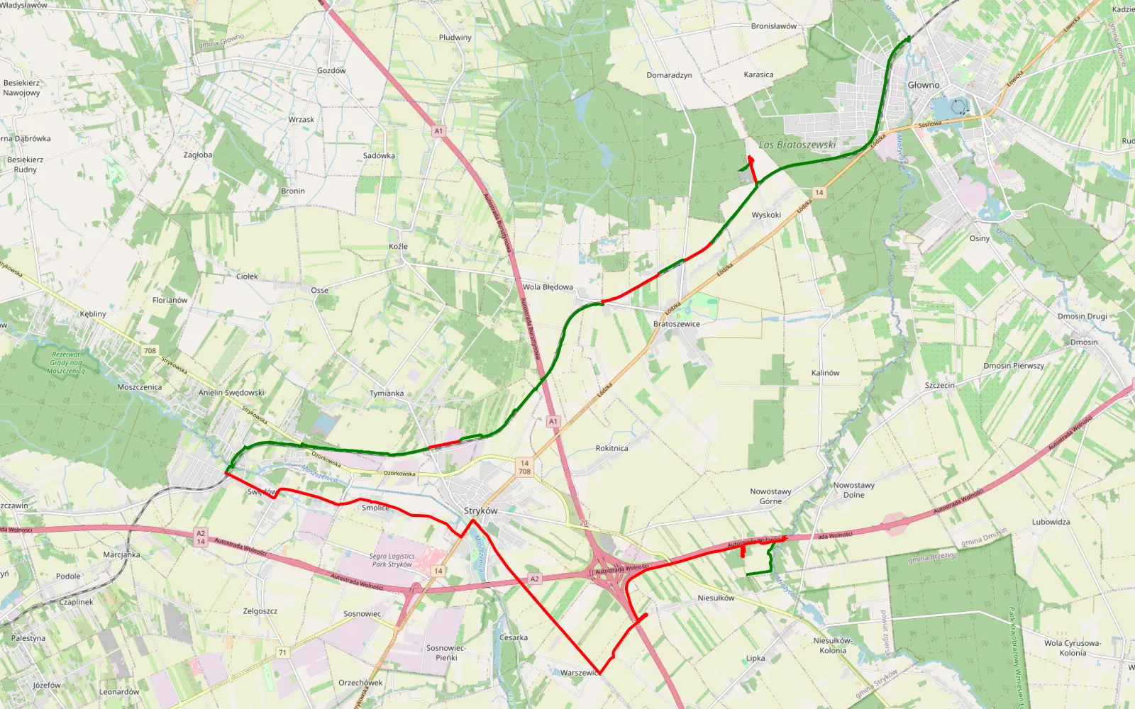 Mapa trasy Niesułków - Cichorajka - 30.6 km trasy offroad, Powiat Zgierski