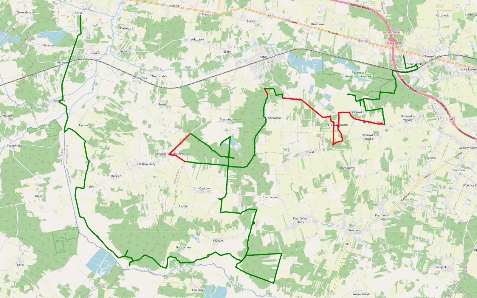 Map of Opole Stare - Żdżar - 58.3 km offroad trail, Siedlce County