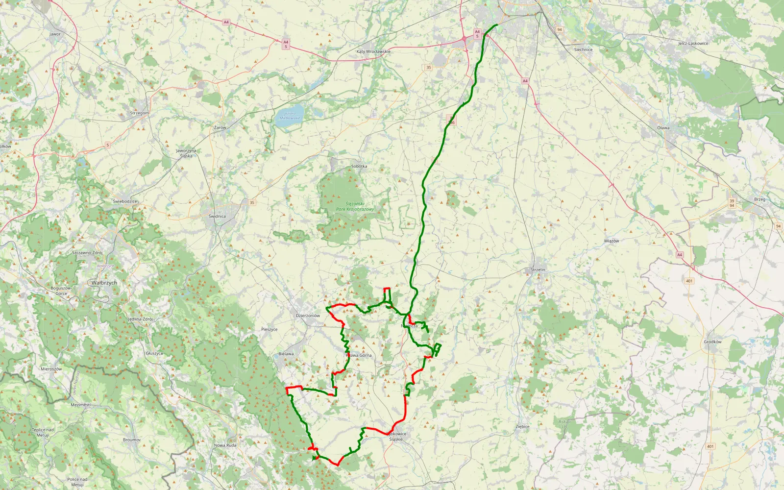 Map of Wojstawice - Krzyki-Partynice - 100.8 km offroad trail, Dzierżoniów County
