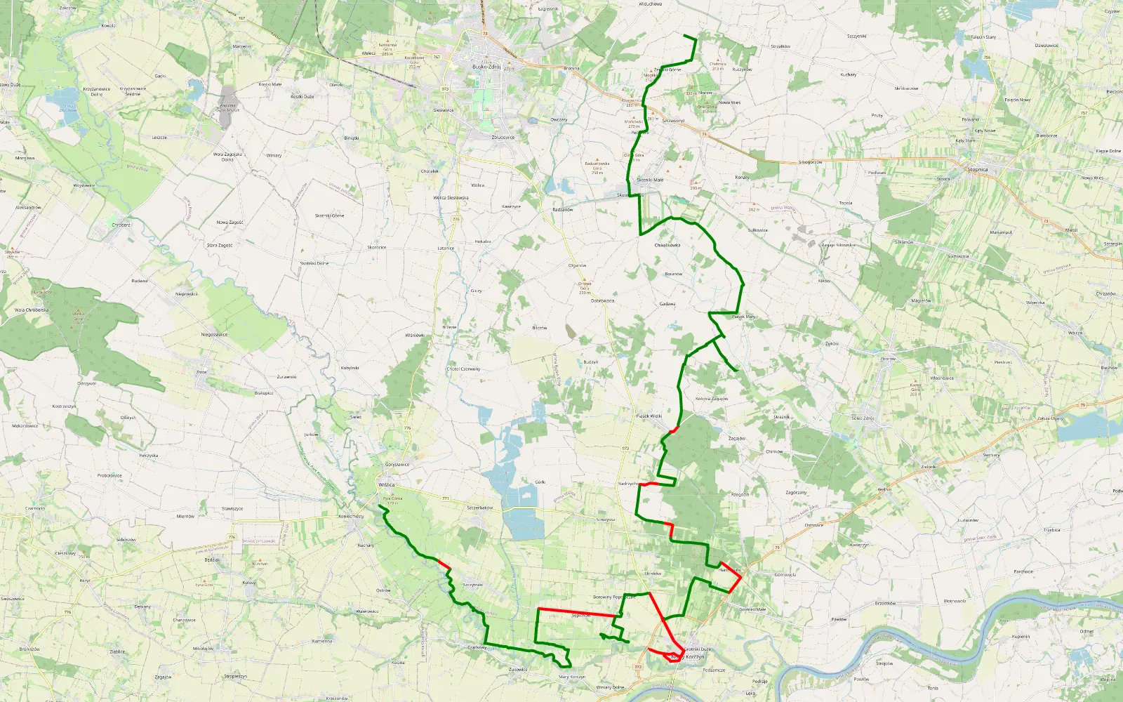Map of Żerniki Górne - Wiślica - 55.4 km offroad trail, Busko County