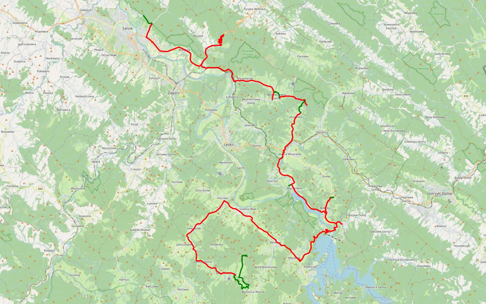 Mapa trasy Olchowce - Żernica Wyżna - 92.9 km trasy offroad, Powiat Leski