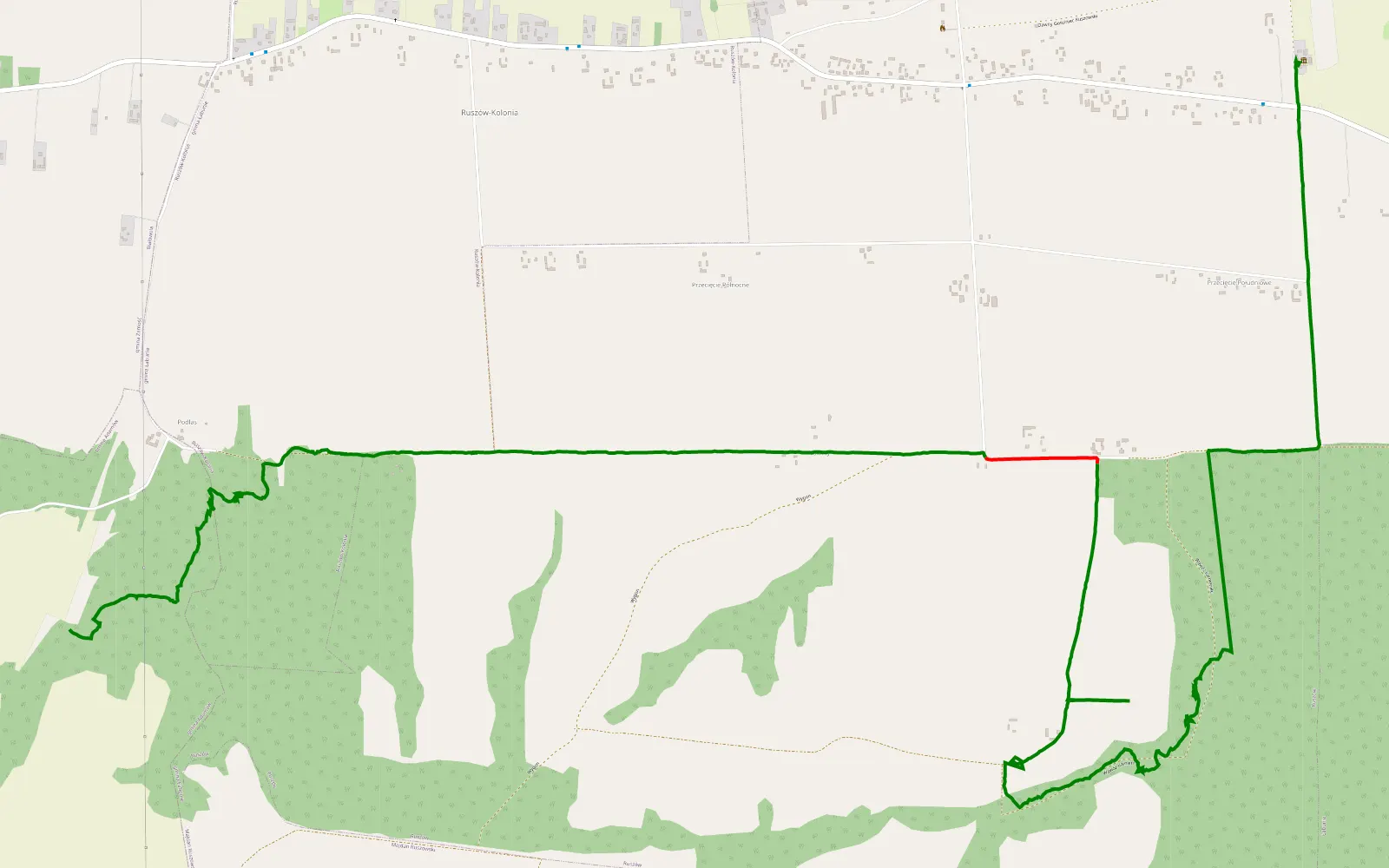 Mapa trasy Rachodoszcze - Ruszów - 9.1 km trasy offroad, Powiat Zamojski