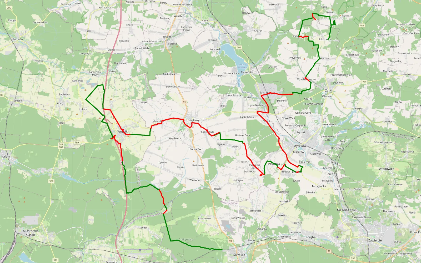 Mapa trasy Suliszowice - Siewierz - 105.3 km trasy offroad, Powiat Myszkowski