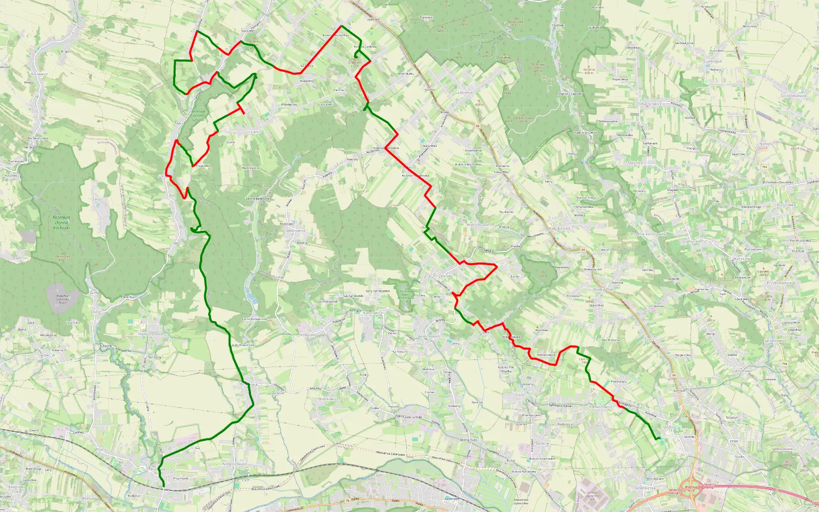 Mapa trasy Modlnica - Jaskinia Łabajowa - Źródło Pióro - Rudawa - 34.9 km trasy offroad, Powiat Krakowski