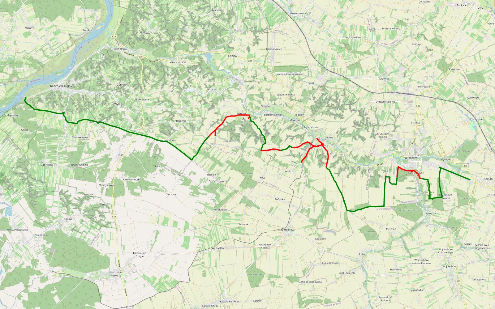 Mapa trasy Nałęczów Kazimierz - 28.1 km trasy offroad, Powiat Puławski