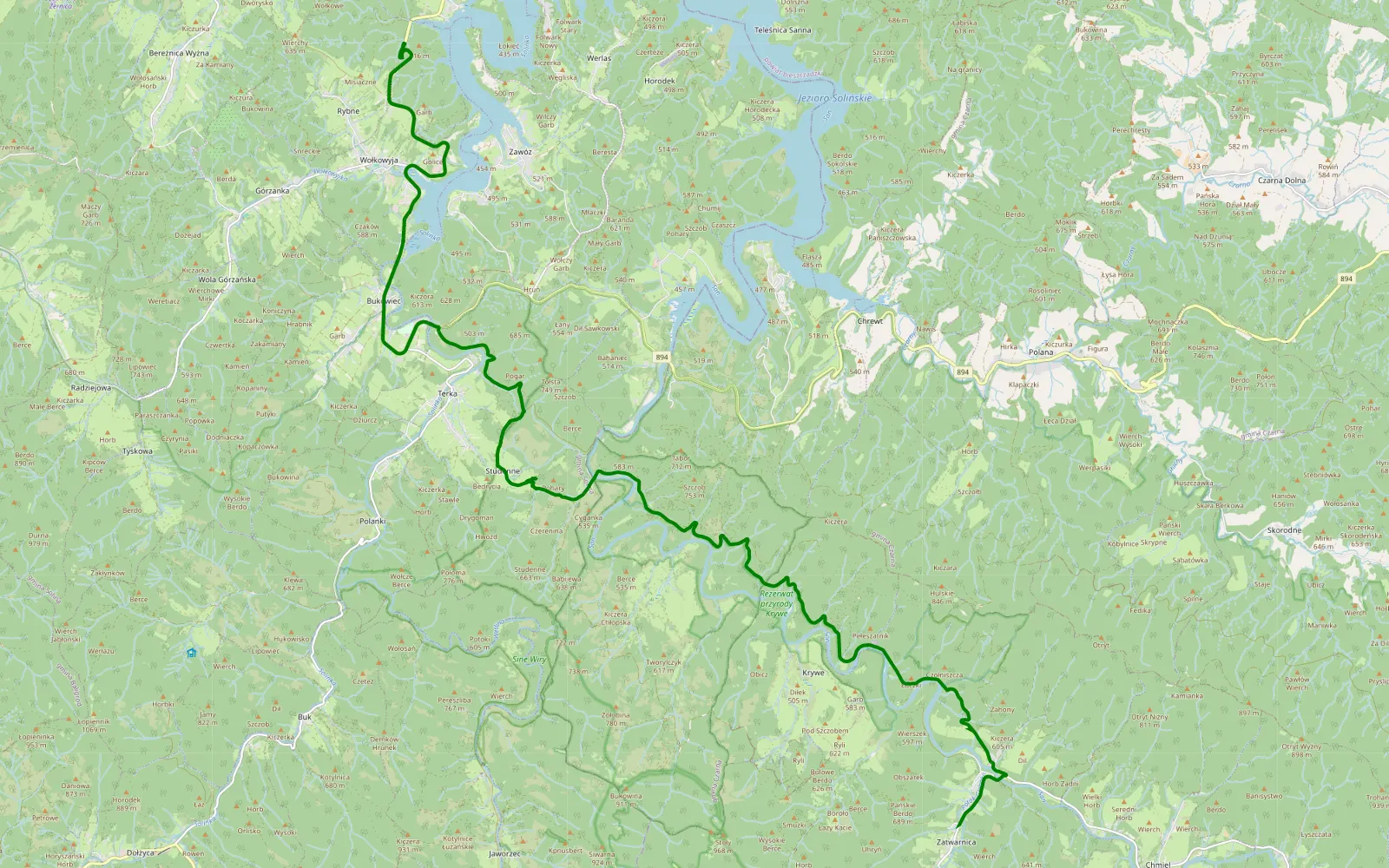 Map of Rybne - Zatwarnica - 19 km offroad trail, Bieszczady County