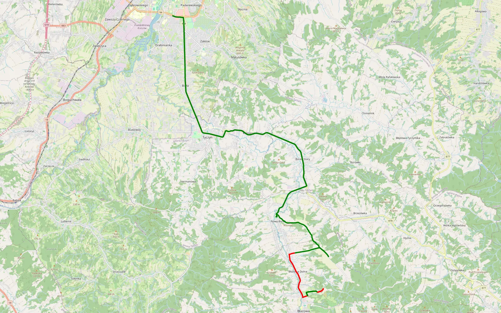 Mapa trasy Nowe Miasto - Błażowa - 8.4 km trasy offroad, Powiat Rzeszowski