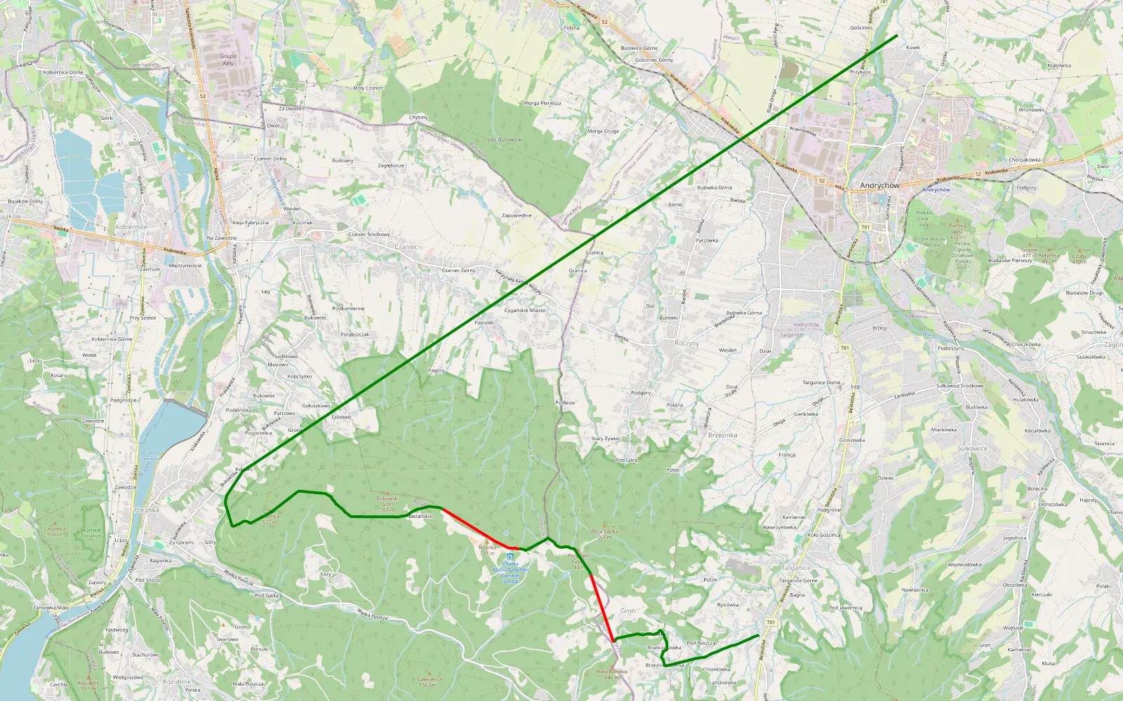 Mapa trasy Targanice - Porębski Groń - Przełęcz Bukowska - Trzonka - Andrychów - 7.1 km trasy offroad, Powiat Bielski