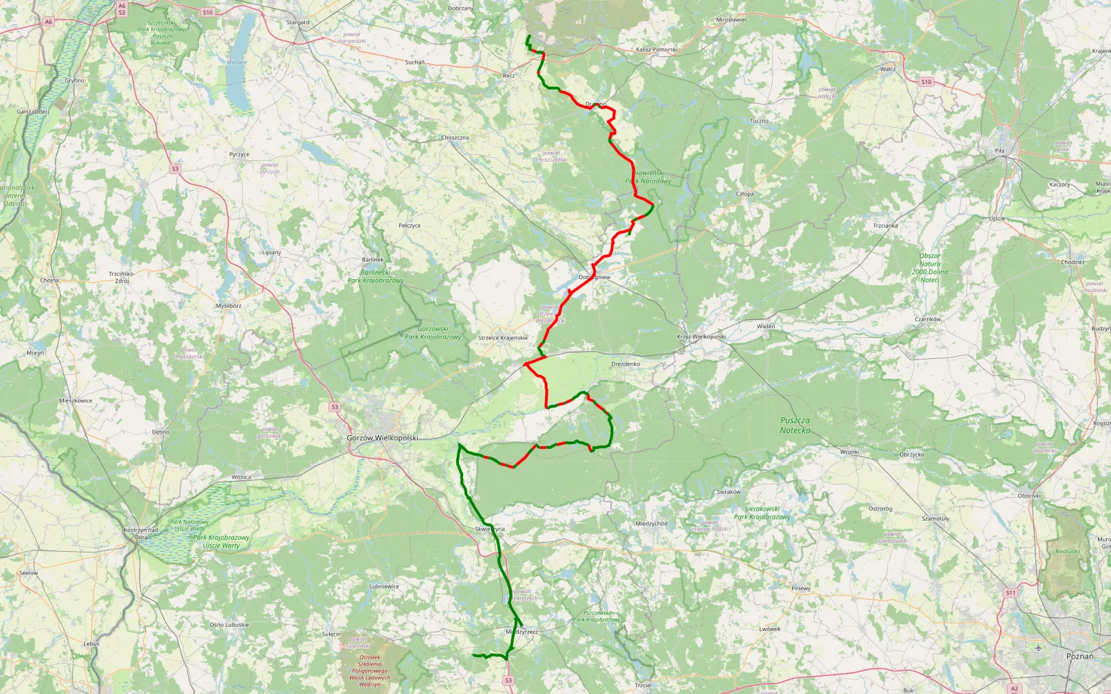Mapa trasy Sulibórz - Pieski 28.06.2025 - 140.9 km trasy offroad, Powiat Strzelecko-drezdenecki