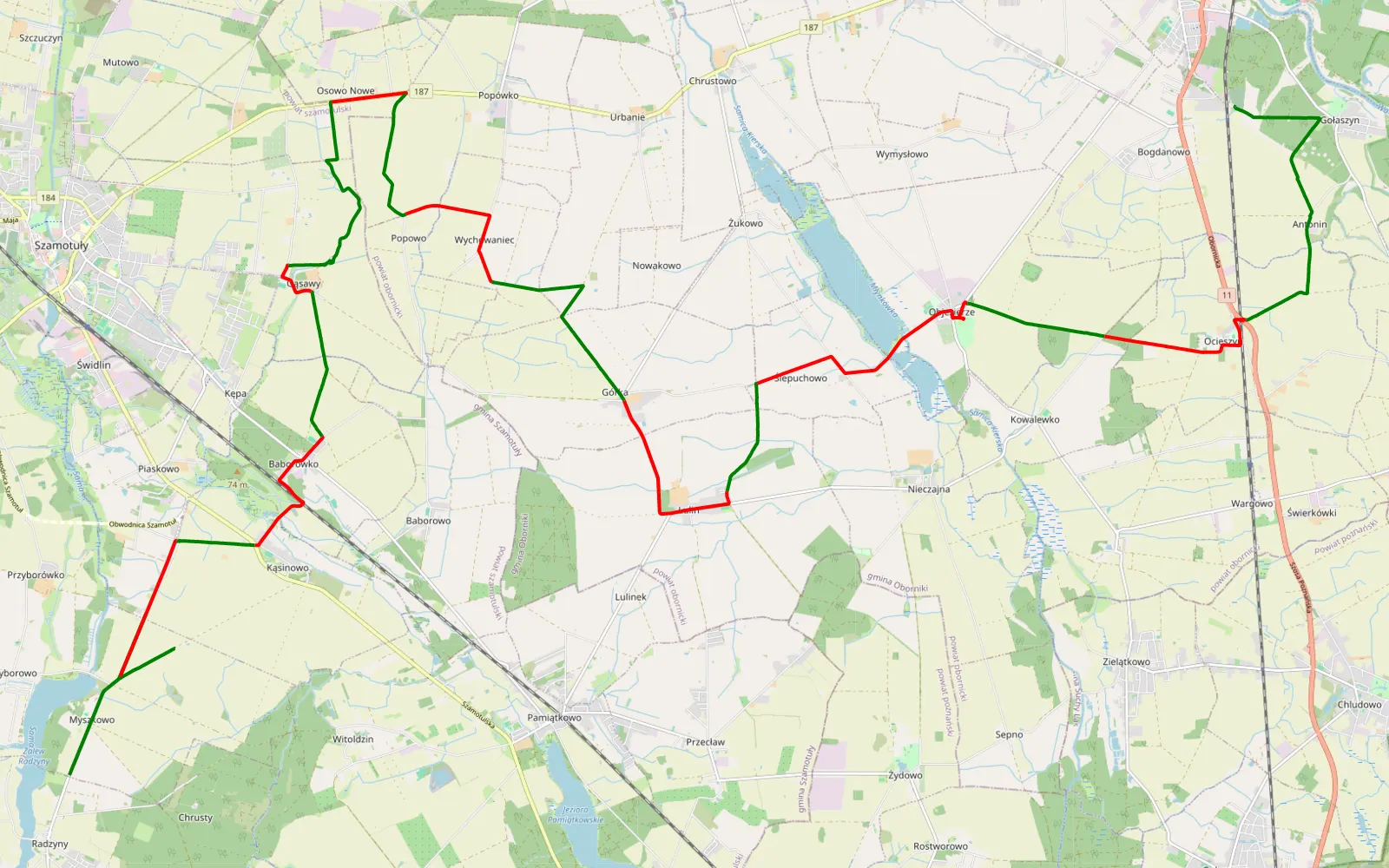 Mapa trasy Radzyny - Gołaszyn - 38.8 km trasy offroad, Powiat Obornicki
