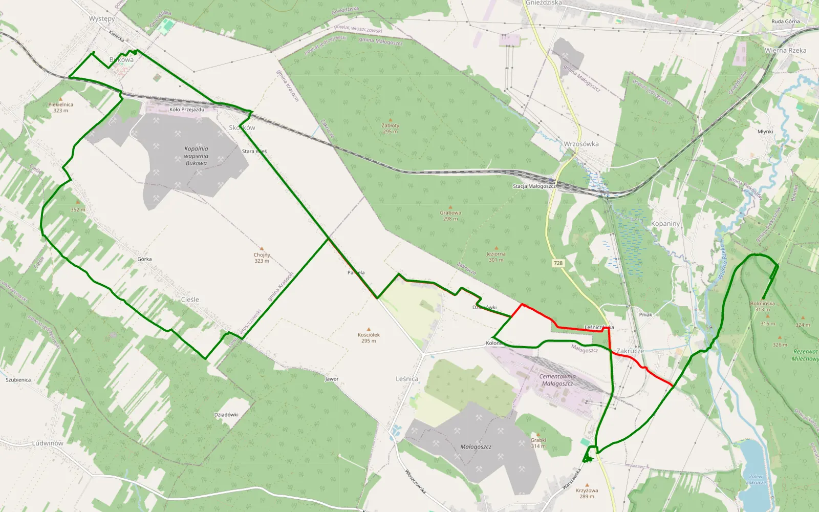 Map of Występy - 15.7 km offroad trail, Jędrzejów County