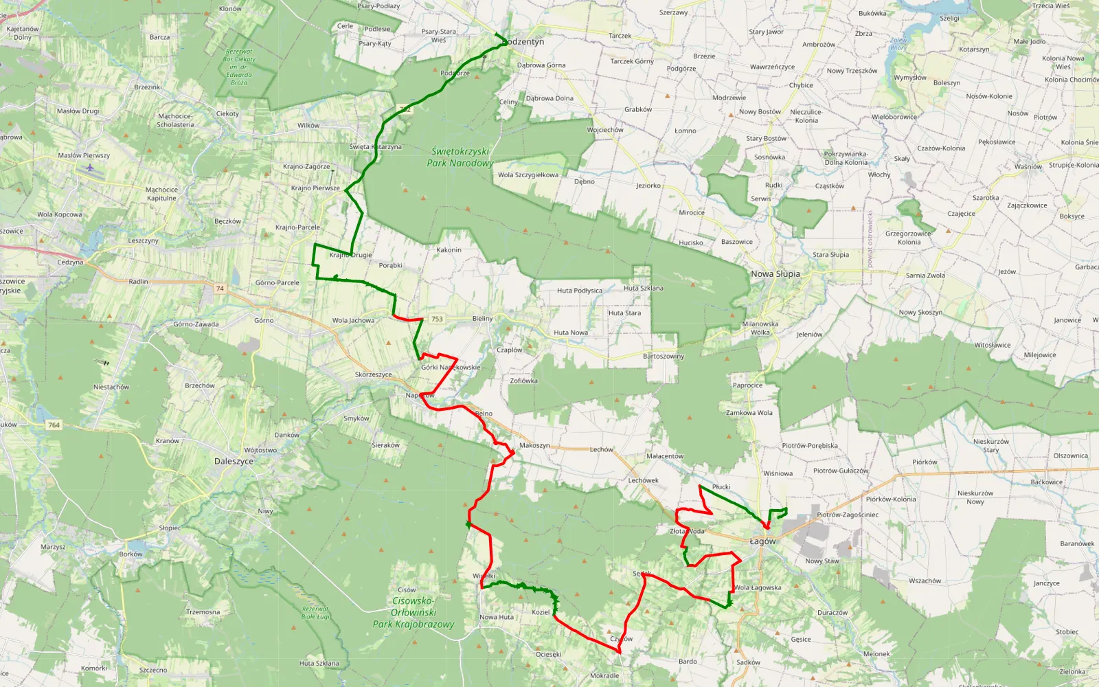 Mapa trasy Bodzentyn - Łagów - 51.9 km trasy offroad, Powiat Kielecki