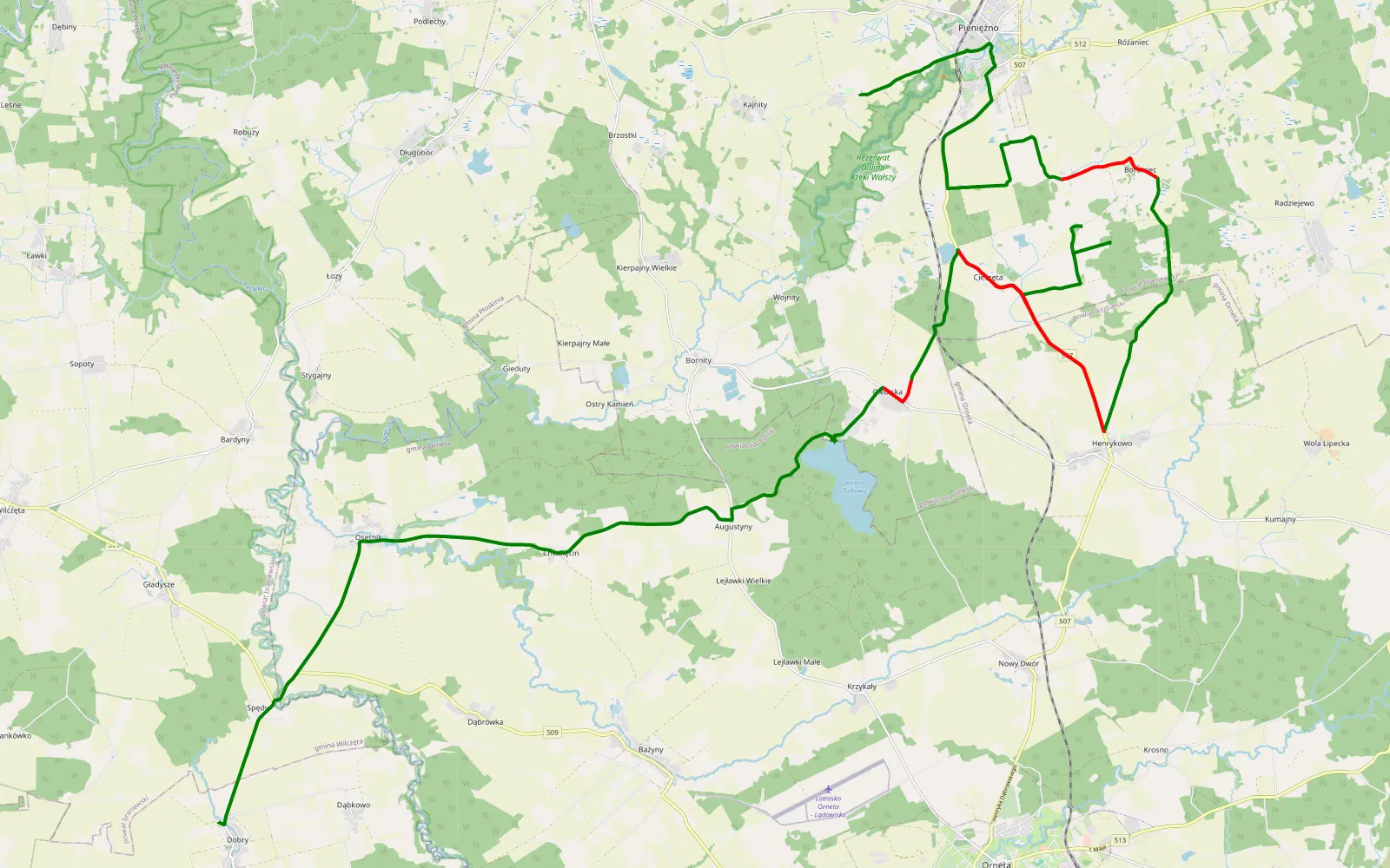 Mapa trasy Dobry - Kajmity - 27.3 km trasy offroad, Powiat Braniewski