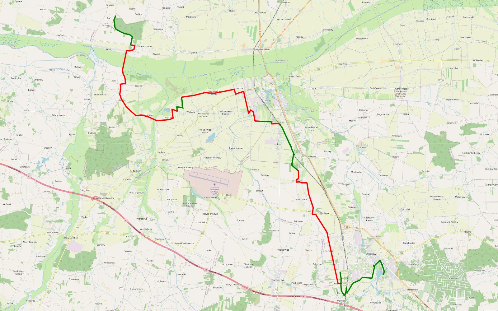 Mapa trasy Trasa na zamek - 34.6 km trasy offroad, Powiat Łęczycki