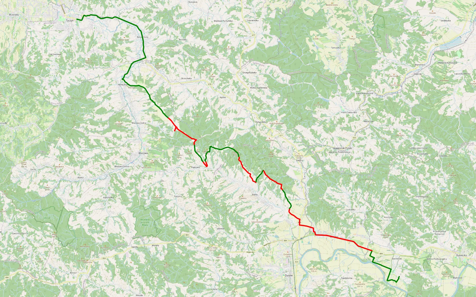 Mapa trasy Tyczyn - Bachórzec - 28.8 km trasy offroad, Powiat Rzeszowski