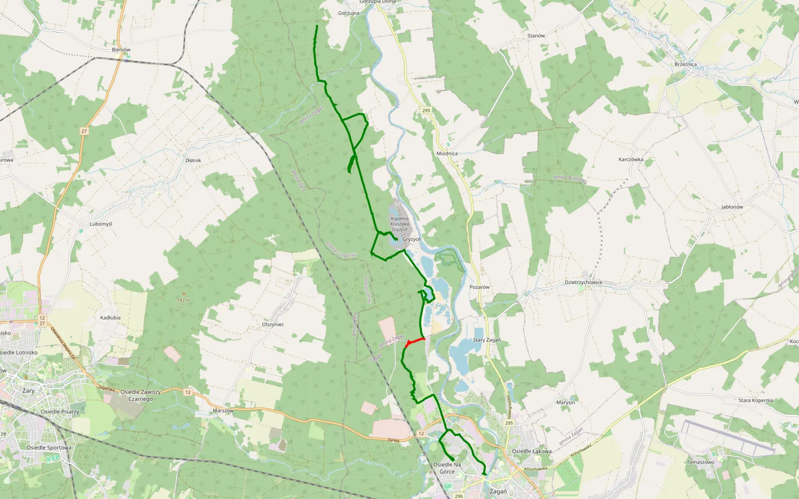 Mapa trasy Młynisko - Żagań - 20.3 km trasy offroad, Powiat Żagański