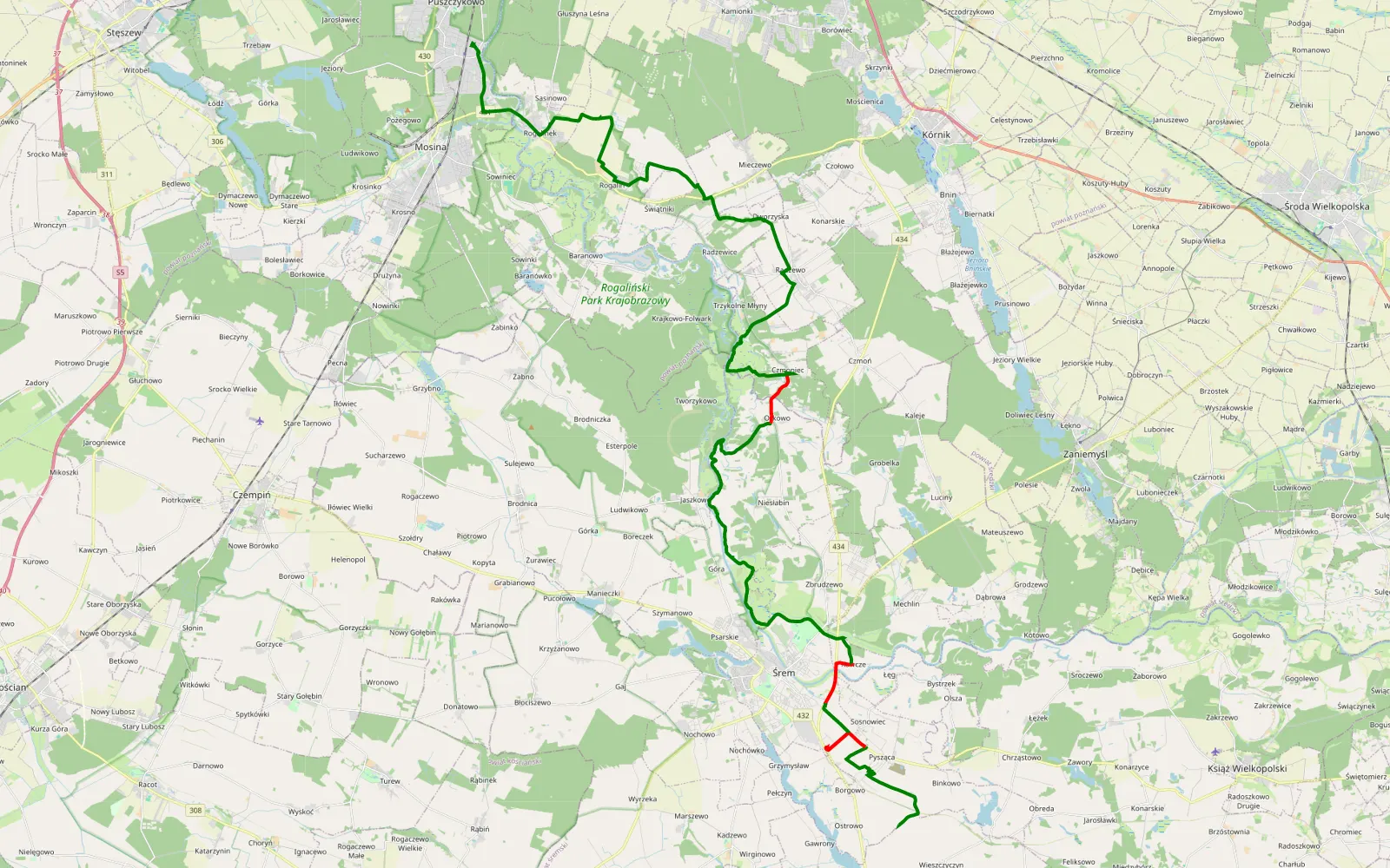 Mapa trasy Borgowo - Niwka - 43.3 km trasy offroad, Powiat Śremski
