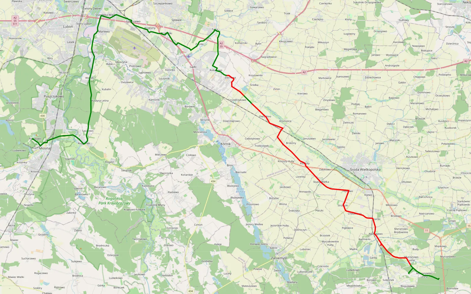 Map of Pożegowo - Murzynówko - 34.5 km offroad trail, Środa Wielkopolska County