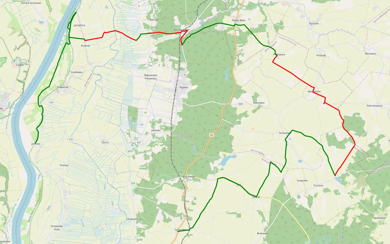Mapa trasy Wzdłuż wisły przez lasy i polne drogi - 31.6 km trasy offroad, Powiat Kwidzyński