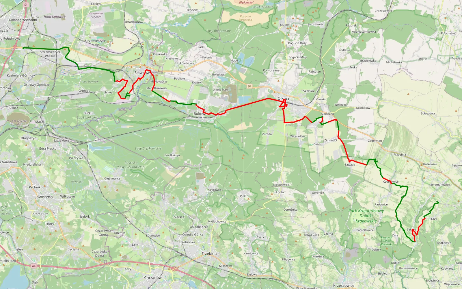 Mapa trasy Grabocin - Łazy - 60.9 km trasy offroad, Powiat Olkuski