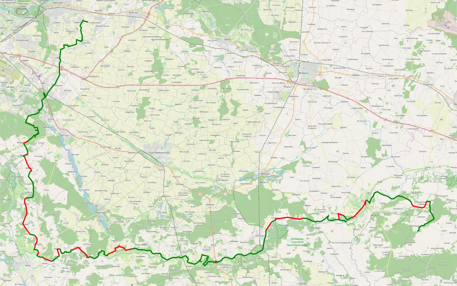 Map of Śrem Pyzdry wzdłuż Warty - 106.7 km offroad trail, Września County