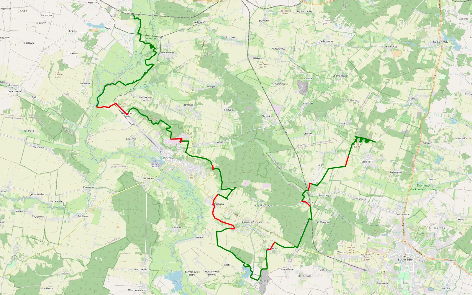 Map of Motkowice - Szaniec - 55.6 km offroad trail, Pińczów County