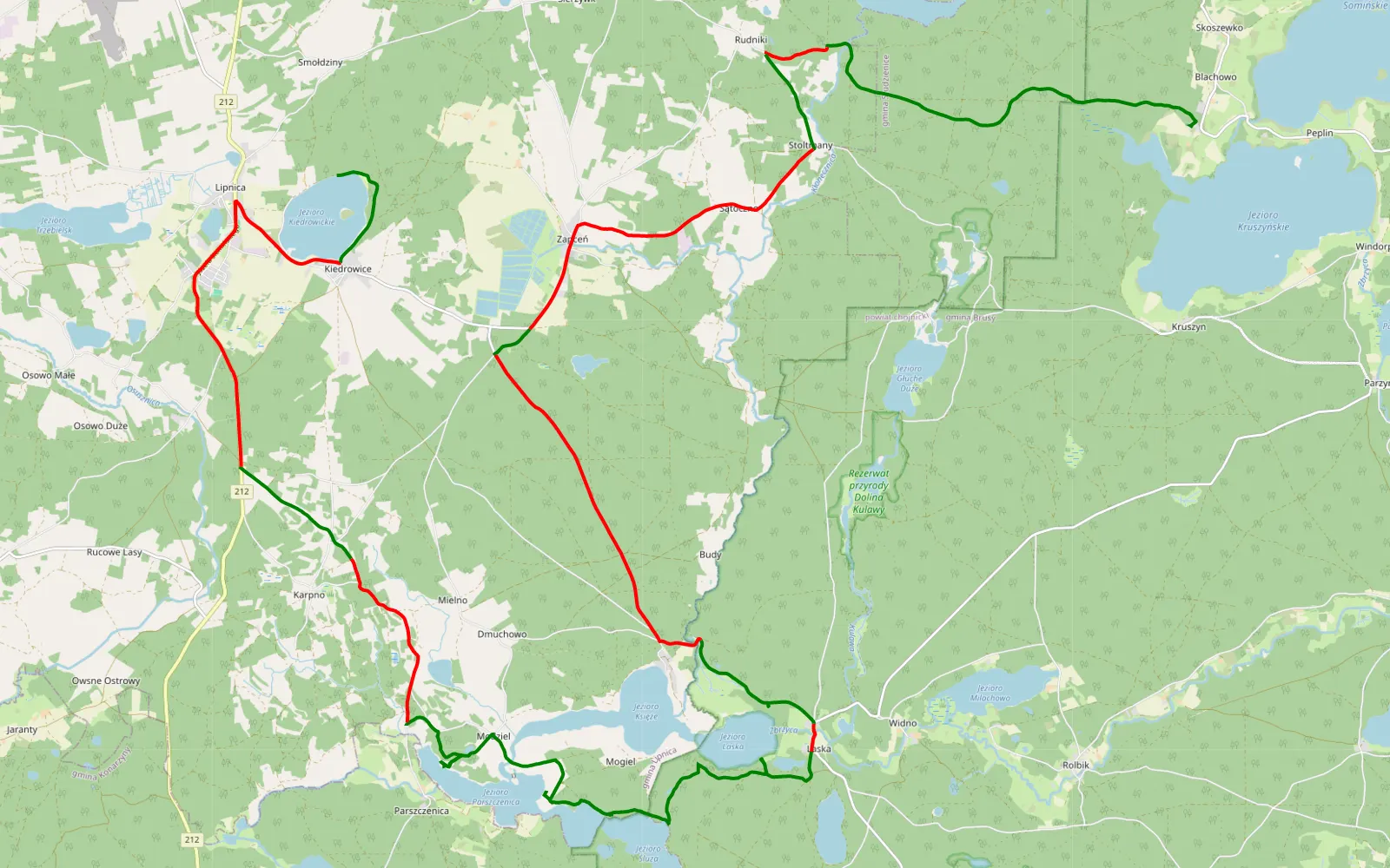 Mapa trasy Kaszuby w poszukiwaniu noclegu - 43.9 km trasy offroad, Powiat Bytowski