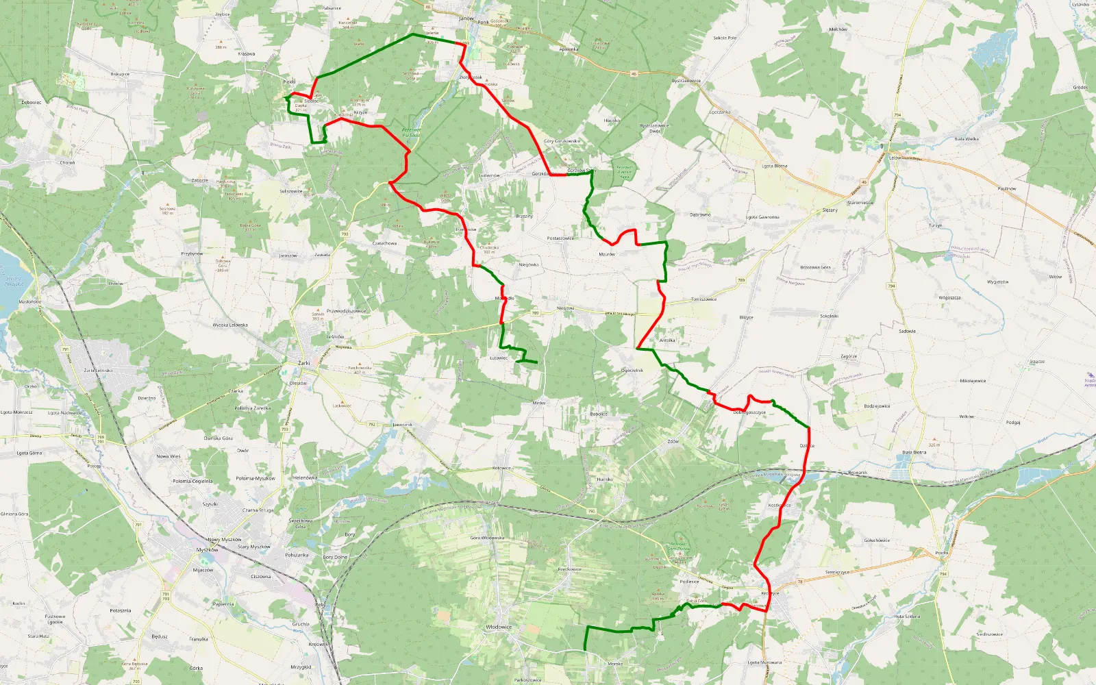 Map of Włodowice - Zawiercie Nowe — 60.9 km offroad trail, Myszków County