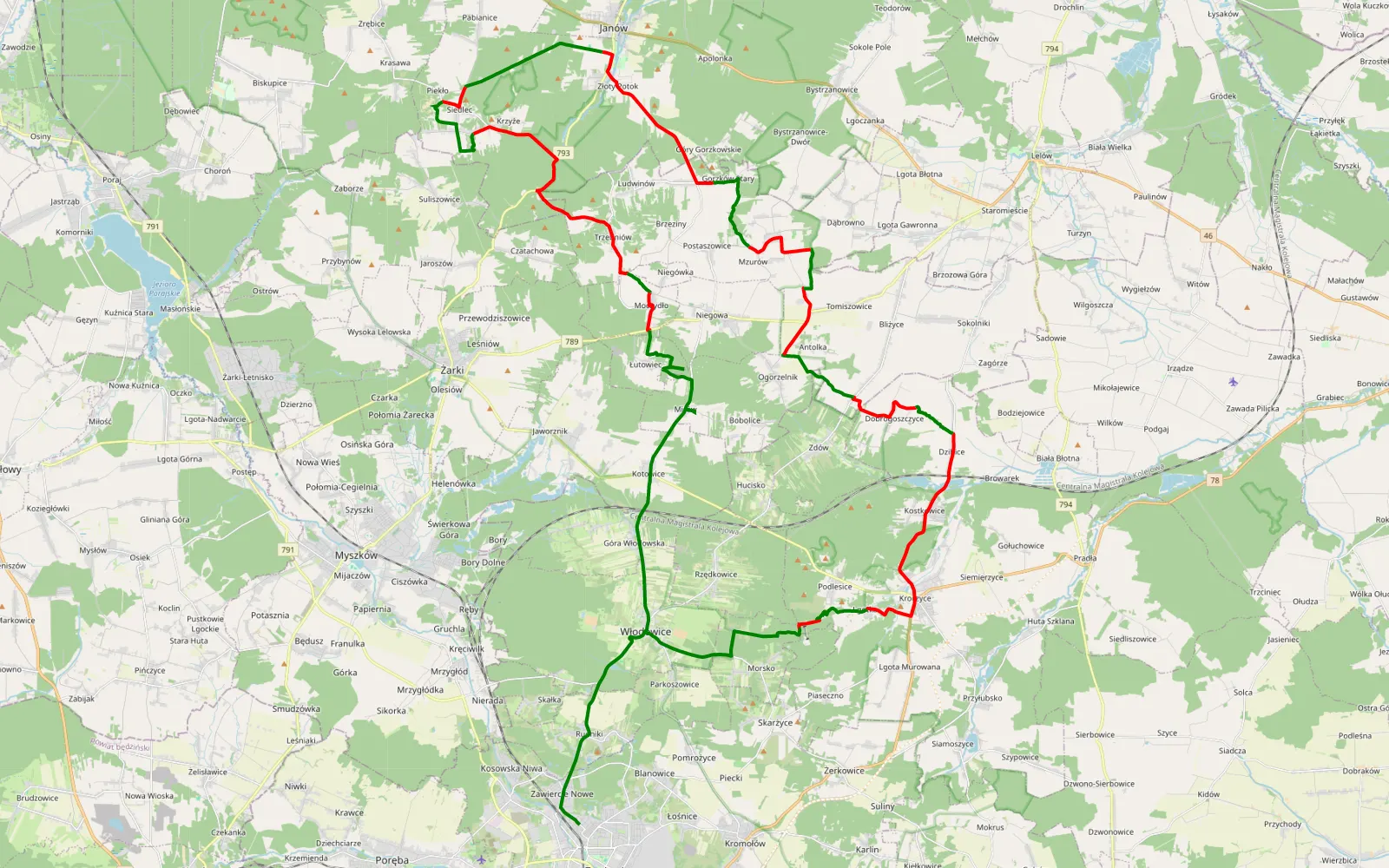 Mapa trasy Włodowice - Zawiercie Nowe - 60.8 km trasy offroad, Powiat Myszkowski