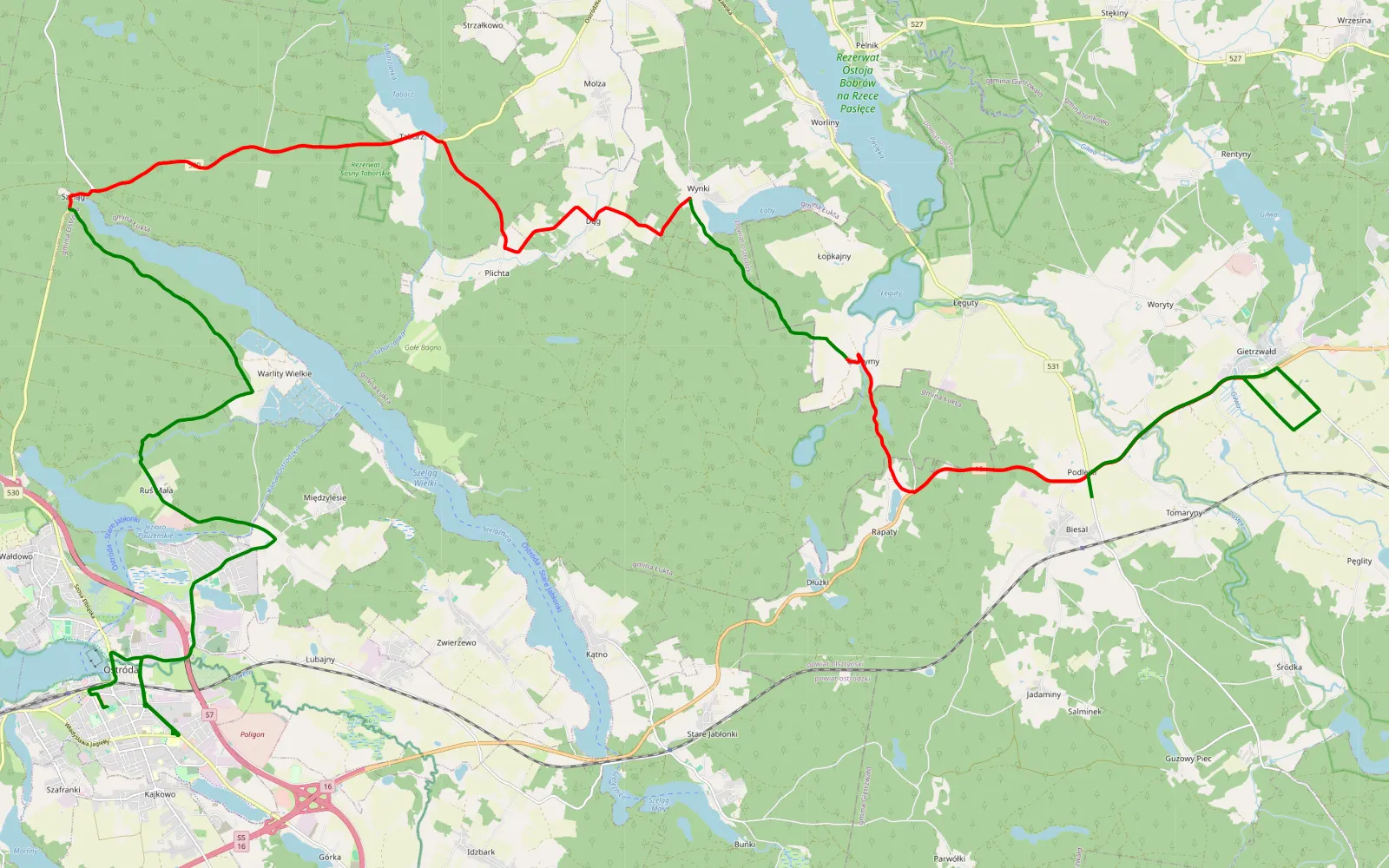 Mapa trasy Ostróda - Podlejki - 32.9 km trasy offroad, Powiat Ostródzki