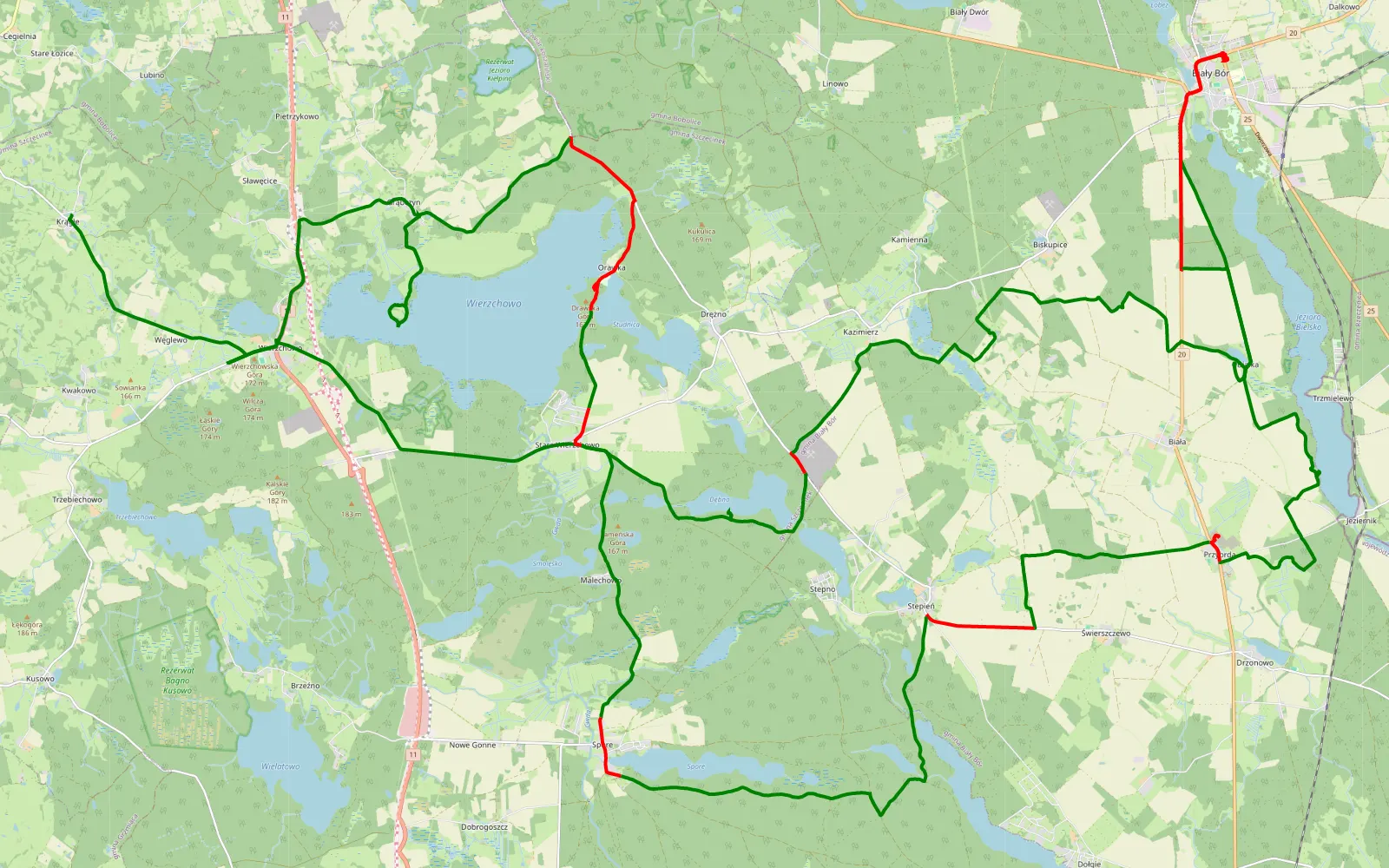 Map of Krągłe - Wierzchowo - 73.9 km offroad trail, Szczecinek County