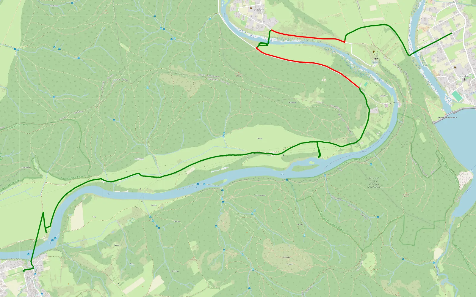 Mapa trasy Średnia Wieś - Myczkowce - 8.8 km trasy offroad, Powiat Leski