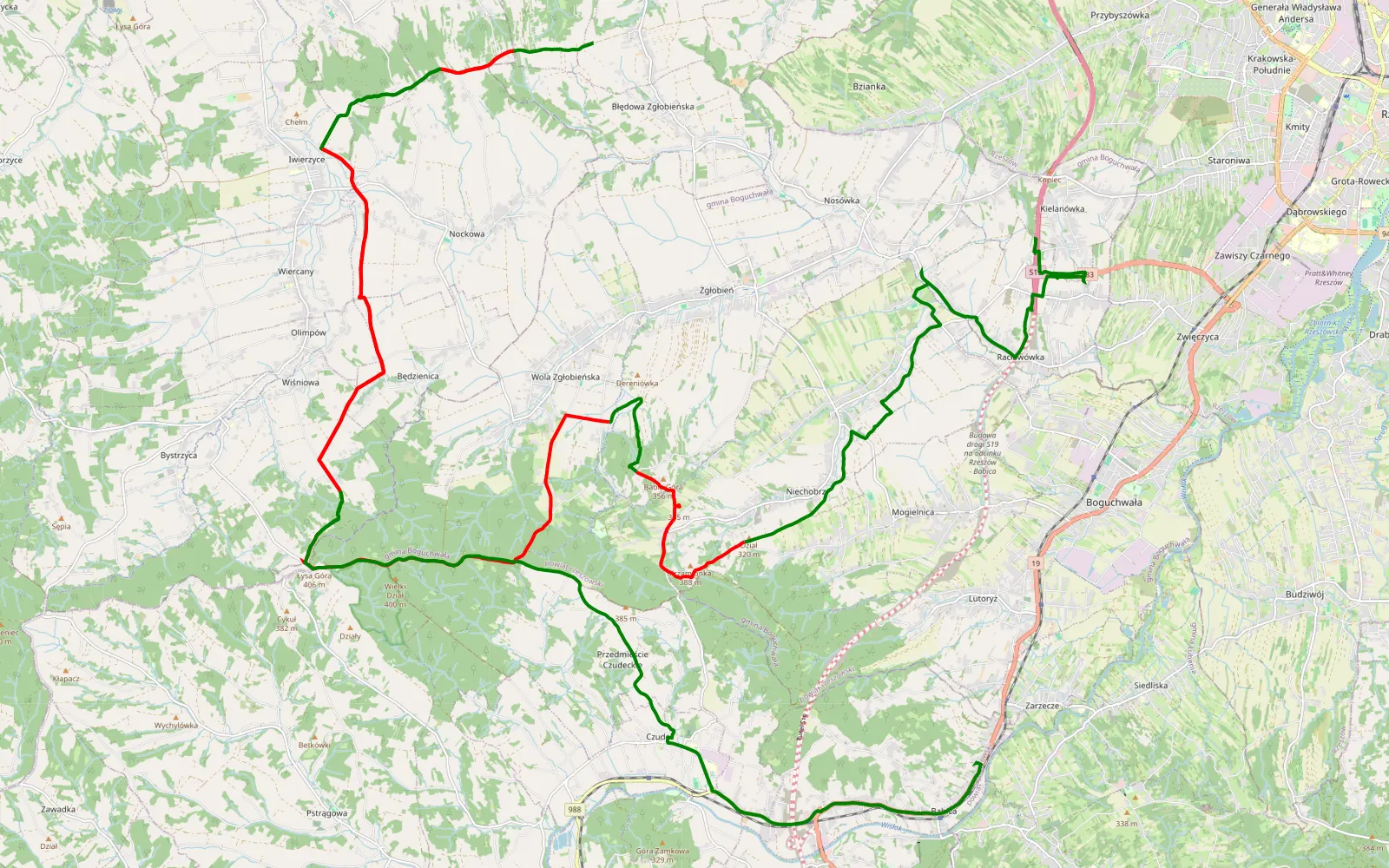 Mapa trasy Racławówka - Zarzecze - 40.3 km trasy offroad, Powiat Ropczycko-sędziszowski