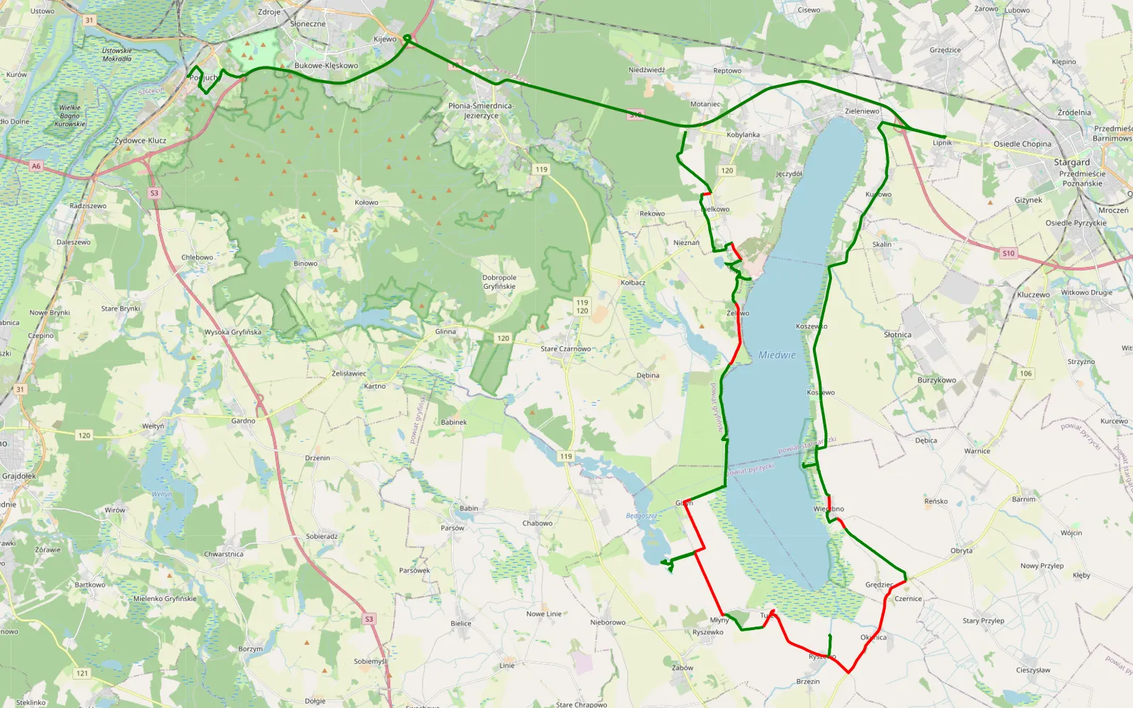 Map of Miedwie - 47.3 km offroad trail, Pyrzyce County