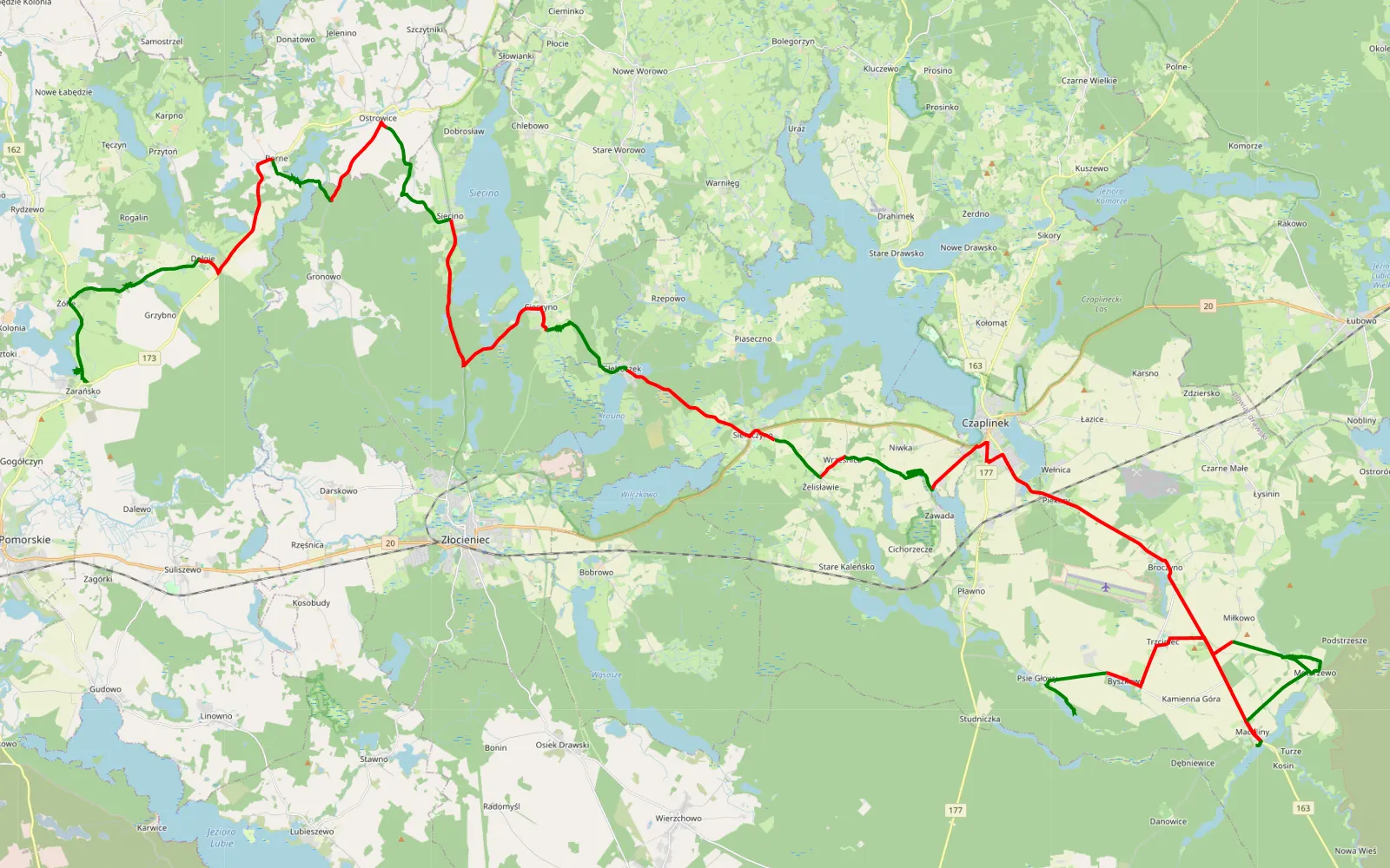 Mapa trasy Zarańsko - Psie Głowy - 73.6 km trasy offroad, Powiat Drawski