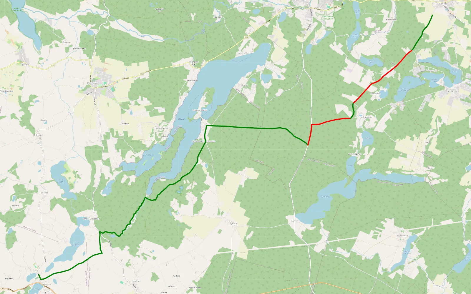 Mapa trasy Węsiory - Pólczno - 16.8 km trasy offroad, Powiat Bytowski